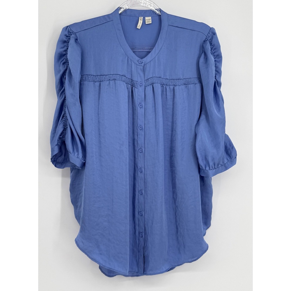 Cato Women Blue Smocked Button‎ Down Blouse Ruched 3/4 Sleeve Sz 14/16W